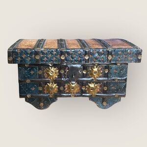 Antique Vintage Indian Iron & Brass Pitara Wood Chest